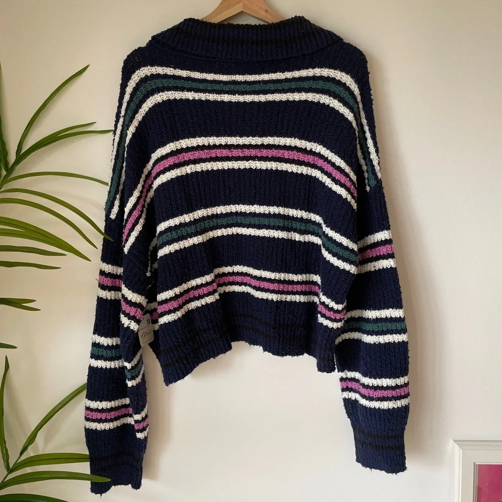 Free People Navy V-Neck Striped Sweater with Pink, Green & White Accents
